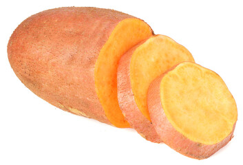 Sweet potatoes with slices isolated on a white background