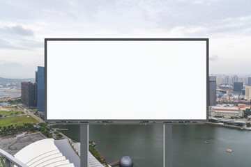 Blank white road billboard with Singapore cityscape background at day time. Street advertising poster, mock up, 3D rendering. Front view. The concept of marketing communication to promote.