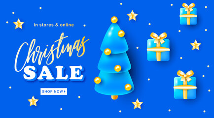 Christmas sale banner background with Christmas tree and gift boxes. Blue winter design for your shop