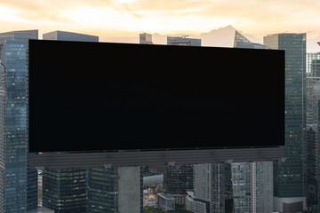 Blank black road billboard with Singapore cityscape background at sunset. Street advertising poster, mock up, 3D rendering. Front view. The concept of marketing communication to sell idea.