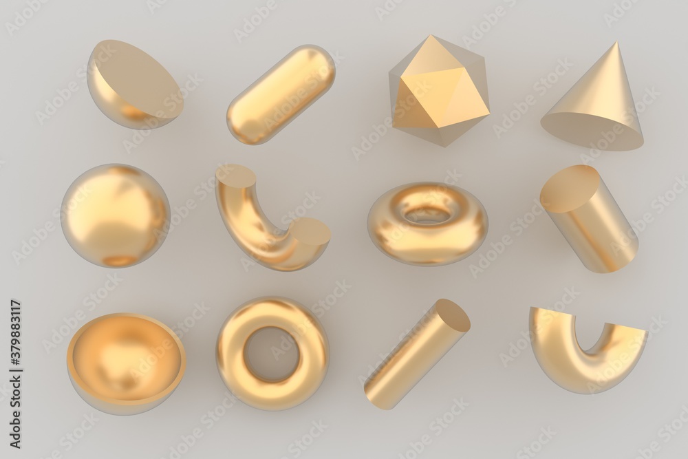 Poster set of 3d render realistic primitives on white background. isolated graphic elements: sphere, torus,
