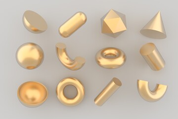 Set of 3d render realistic primitives on white background. Isolated graphic elements: sphere, torus, cube, icosahedron and other geometric shapes made of gold.