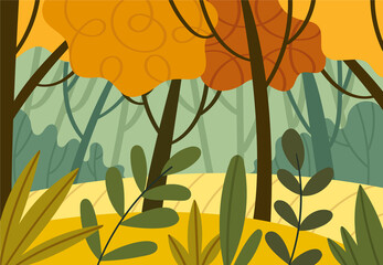 Autumn forest in cartoon style.Autumn flat vector background with valley, hills, forest and falling leaves. Fall woods. Holiday in seasonal forest.