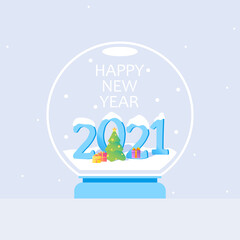 Naklejka premium Vector Snow Globe or Christmas ball with the numbers 2021, Christmas tree, gift box inside it. Happy New Year 2021 numbers. Christmas glass snow globe. New year's surprise, gift. Crystal ball