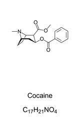 Cocaine, also known as coke, chemical structure. A strong stimulant and addictive recreational drug. The mental effects may include happiness and loss of contact with reality. Illustration. Vector.