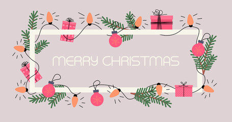 Merry Christmas. Gifts, Christmas balls, lights, fir branches. Holiday design with frame. Winter background