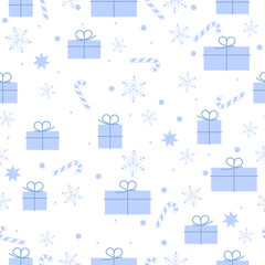Seamless pattern with Christmas sweet cane, snowflake, gift box. 2021 new year background. Vector background. Perfect for wallpapers, pattern fills, web page backgrounds, surface textures, textile
