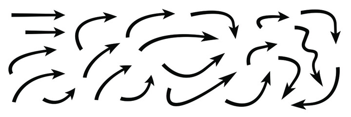 Hand drawn curved arrows . Sketch doodle style. Collection of vector pointers.