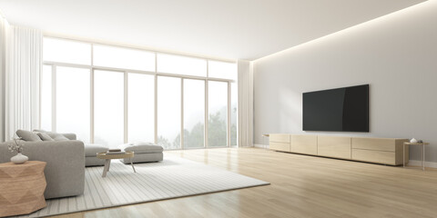 3D rendering of modern living room with TV screen and sofa on nature background.