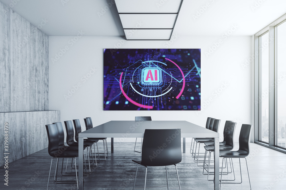 Poster Creative artificial Intelligence abbreviation on presentation monitor in a modern boardroom. Future technology and AI concept. 3D Rendering