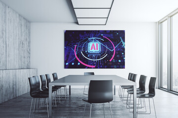 Creative artificial Intelligence abbreviation on presentation monitor in a modern boardroom. Future technology and AI concept. 3D Rendering