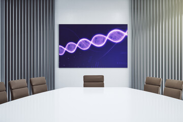 Creative concept with DNA symbol illustration on presentation screen in a modern conference room. Genome research concept. 3D Rendering