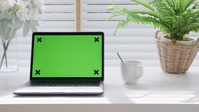 Tracking shot : Green screen chroma key for display on laptop computer on desk table at home office decorate with indoor house plants in home office interior workspace.