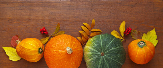 Top view of orange pumpkins, barberry berries and fallen leaves on a wooden background. Happy Thanksgiving greeting card or announcement. Beautiful autumn banner. Copy space, flat lay, panoramic view