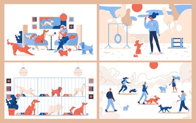 Dogs and owners concept scenes. Puppies waiting for adoption, walking with people in the park, training at camp, at pet cafe. Vibrant colors, lovely characters