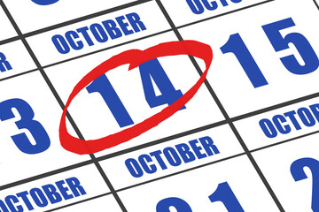october 14th. Day 14 of month, Date marked with red circle to indicate importance on a calendar. autumn month, day of the year concept