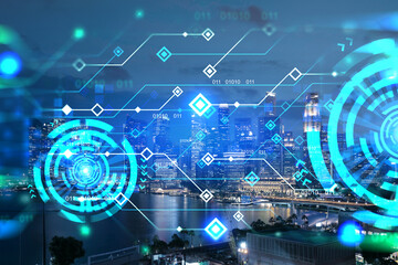 Information flow hologram, night panorama city view of Singapore. The largest technological center in Asia. The concept of programming science. Double exposure.