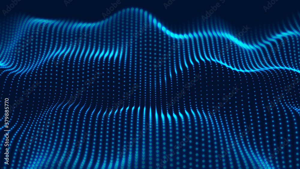 Poster abstract gradient dynamic wave of glowing particles. network of neon dots. big data. digital backgro