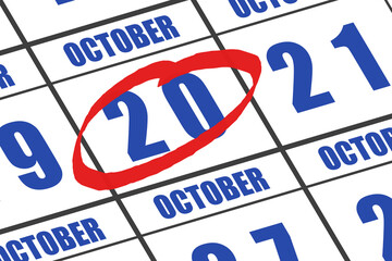 october 20th. Day 20 of month, Date marked with red circle to indicate importance on a calendar. autumn month, day of the year concept