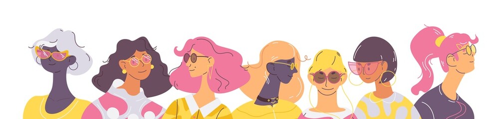 Women in sunglasses isolated on white. Various characters with different hairstyle. Heads with closed and open eyes, decorated with lines