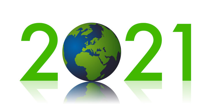 Carte de voeux sur le thème de la protection de l’environnement et de la lutte contre le réchauffement climatique, montrant un globe terrestre à la place du zéro de 2021.