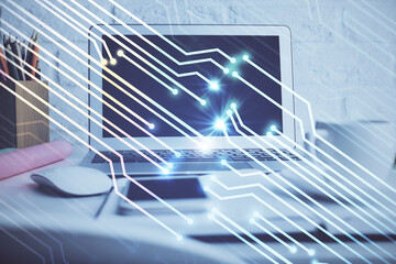 Double exposure of desktop with personal computer on background and tech theme drawing. Concept of Bigdata.