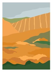 Vertical poster with a decorative landscape of fall nature. Banner of flower fields, hills, and blue neba is drawn in a trendy cut-out style. Background for brochures, notebooks. Vector illustration.