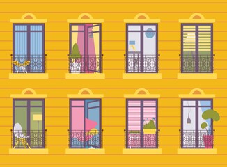 Concept illustration with various french balcony in one multy-storey house. Yellow wall, different interiors elements, greenery. No people
