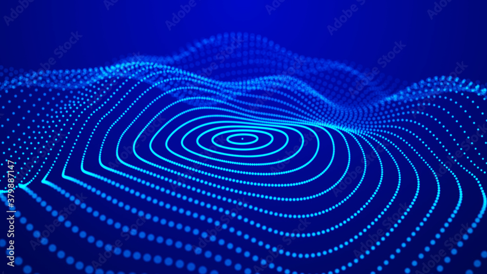 Poster abstract gradient dynamic wave of glowing particles. network of neon dots. big data. digital backgro