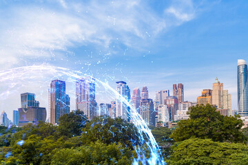 Obraz premium Abstract technology icons hologram over panorama city view of Bangkok, Asia. The concept of people networking and connections. Double exposure.