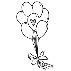 A cute bouquet of beautiful balloons with a big bow flying in the air. Black and white hand drawn vector outline illustration for cards, invitations, textiles. Festive composition.