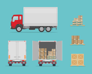 Delivery truck side and  back view, and different boxes. Isolated on blue background. Warehouse Equipment, cargo delivery, storage service concept. Flat style, vector illustration.