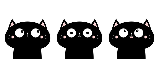 Cat head face icon set. Cute cartoon funny pet character. Funny kawaii animal. Notebook cover, tshirt, greeting card, sticker print. Big eyes. Different emotions. Flat design. White background.