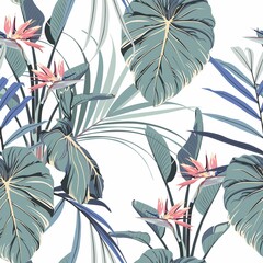Watercolor style pink strelitzia flowers and blue palm leaves seamless pattern. Decorative background in rustic boohoo style for wedding invite, fabric.	