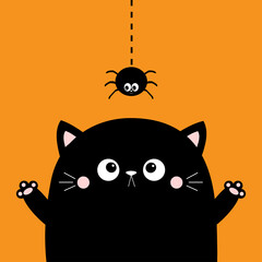 Happy Halloween. Cute cat face holding hands up. Boo. Hanging spider. Cartoon character. Kawaii baby animal. Notebook cover, tshirt, greeting card, sticker print. Flat design. Orange background.
