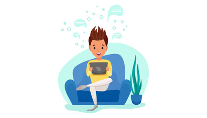Working from home, online education or remote, distance work. Young man freelancer is working at tablet in his room. People at home in quarantine. Vector flat cartoon illustration  