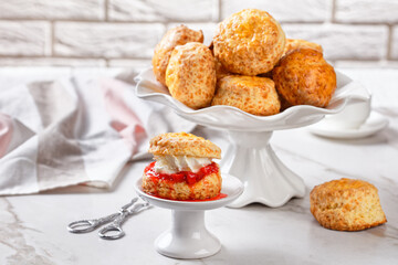 scones with jam and buttercream, top view