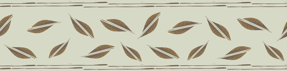 Mono print style tribal foliage vector border. Scattered lino cut effect offset leaves and striped brush stroke edge on mint green backdrop. Horizontal homespun concept repeat for ribbon, trim