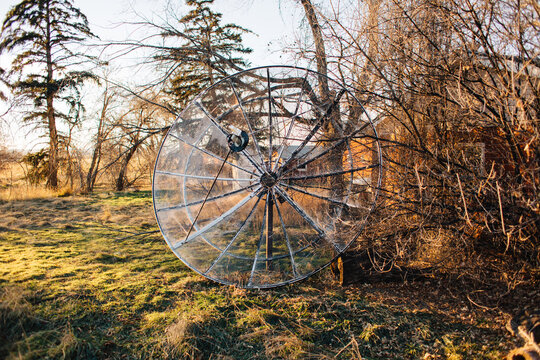 Large old satellite in a yard.