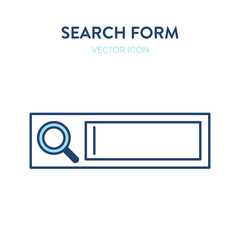 Search form icon. Vector illustration of a website search form with text field and magnifier tool icon. Represents concept of online searching, finding an answer, design elements