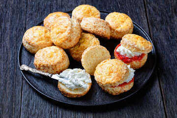 scones with jam and buttercream, top view