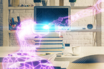 Computer on desktop with AR theme icon. Multi exposure. Concept of augmented reality.