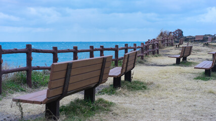 bench in the park on the beach, Jeju Island landscape in South Korea, peaceful and inspiring concept