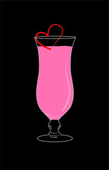 Vector image of pink cocktail in elongated glass with romantic heart on black background