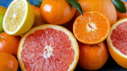 Tangerines lemons oranges limes citrus close up on a blue wooden background close up