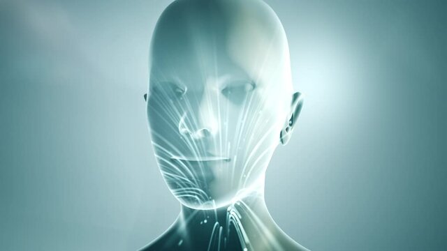 Double exposure of abstract human face with moving of lines for fiber optic network. Magic flickering dots or glowing flying lines. Animation loop.