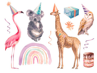 Watercolor animals party set: birthday koala, flamingo, giraffe, owl, rainbow, present box, confetti. Festive elements isolated on white background.