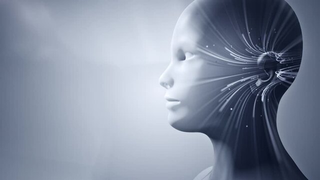 Double exposure of abstract human face with moving of lines for fiber optic network. Magic flickering dots or glowing flying lines. Animation loop.
