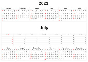 2021 annual calendar with white background.