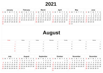 2021 annual calendar with white background.